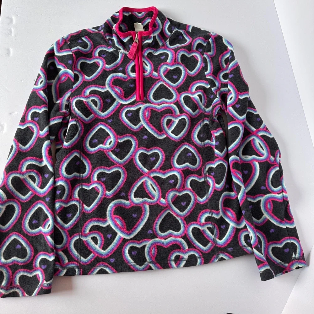 Old Navy‎ Girls Fleece Pullover XL 14 Hearts Print Pink Quarter Zip Top